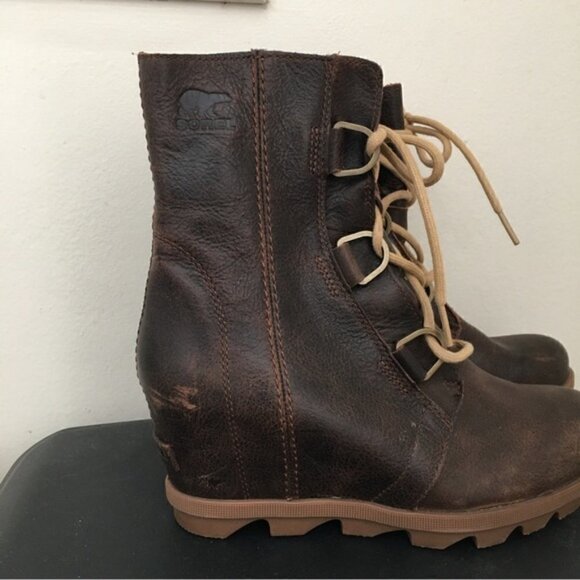 Sorel Joan of Arctic Burro (Brown) Leather Wedge Mid High Bootie Lace Up Boot - Picture 3 of 8